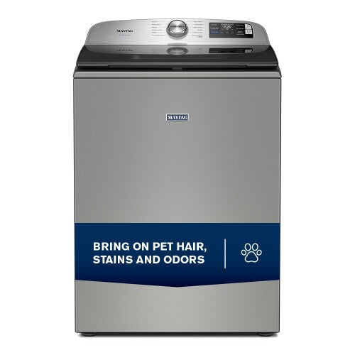 Stainless steel top load washer with digital controls, designed to remove pet hair and stains efficiently