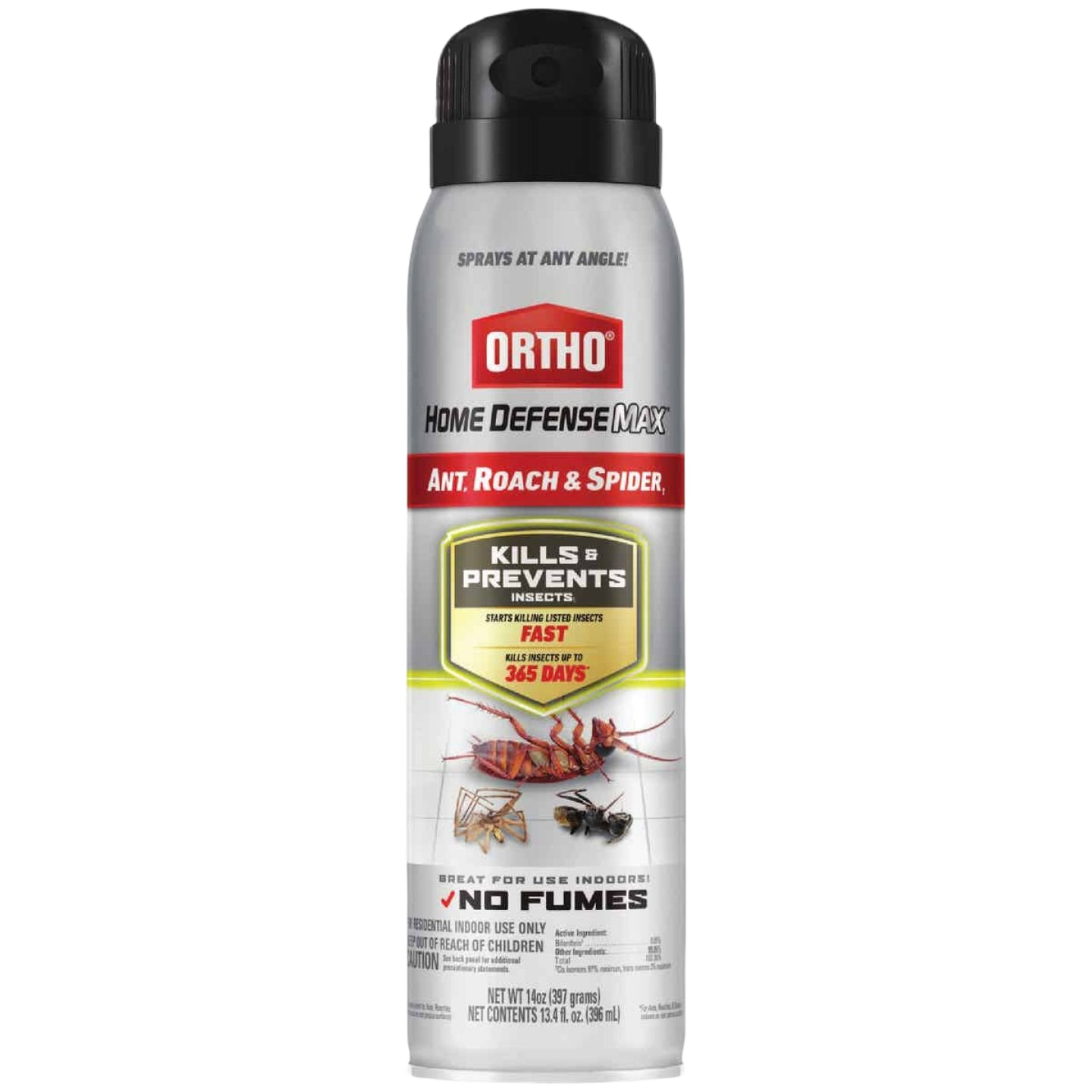 Silver and black spray can of Ortho Home Defense MAX insecticide for ants, roaches, and spiders in pest control category