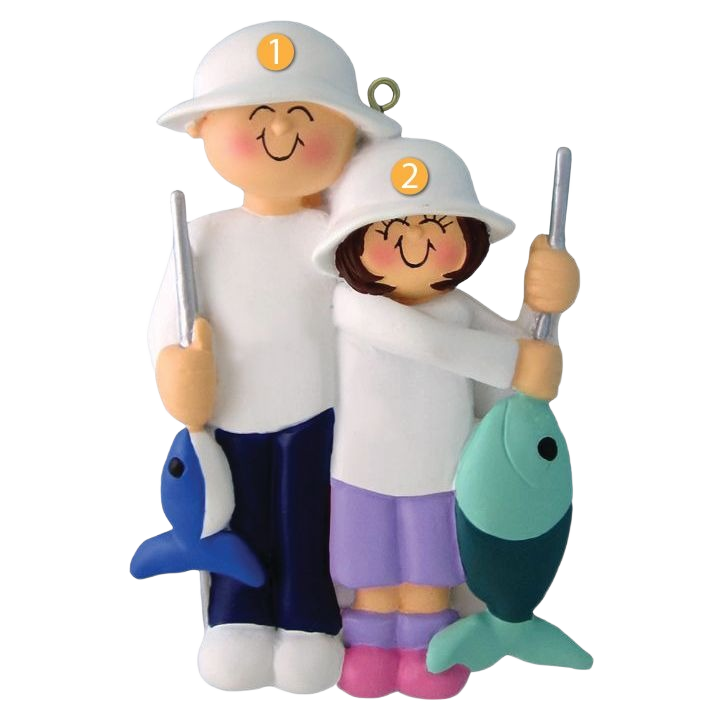 Male and female fishing friends holding fish ornament for Christmas tree decorations under $50