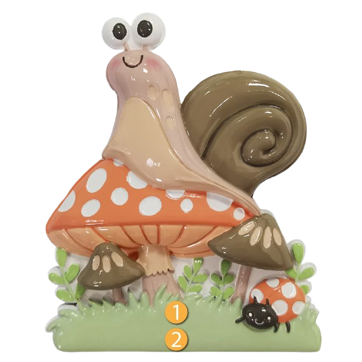 Whimsical snail sitting on large orange spotted mushroom with small mushrooms and ladybug from Christmas Ornaments & Tree Decorations collection