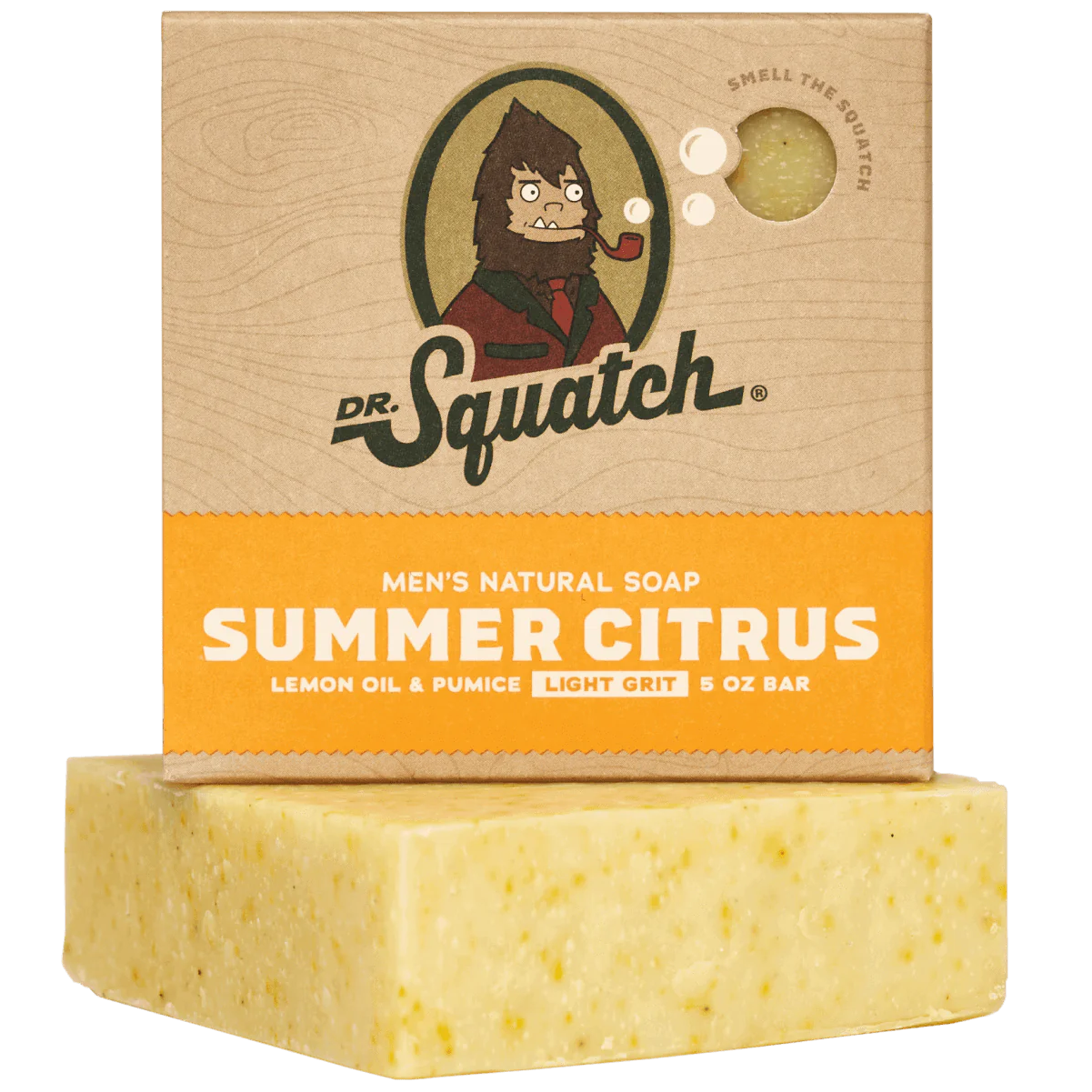 Bar soap with light grit texture featuring lemon oil and pumice for a refreshing summer citrus scent in natural packaging