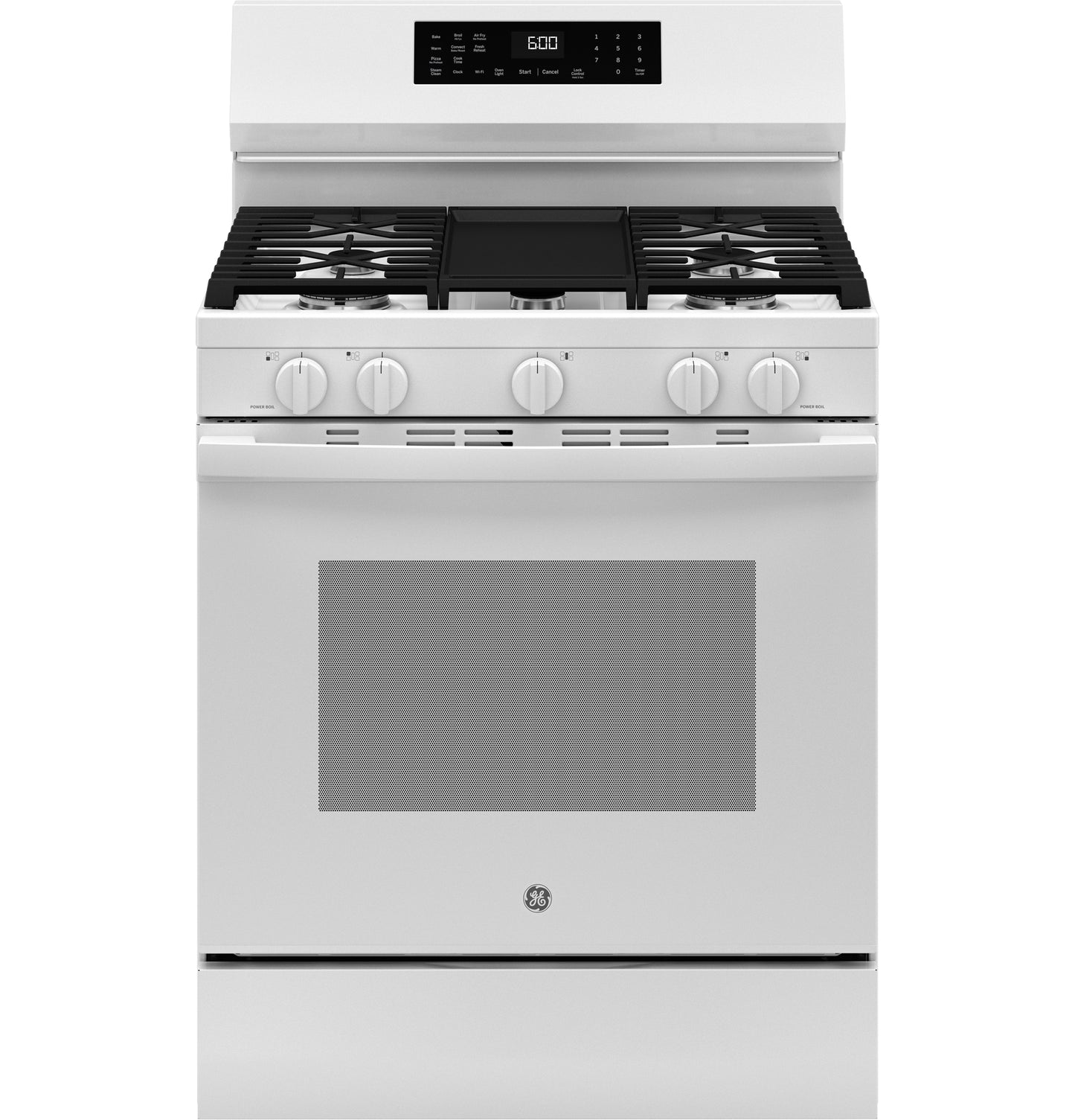 Free-standing white gas convection range with digital control panel and four burner cooktop in kitchen appliances collection
