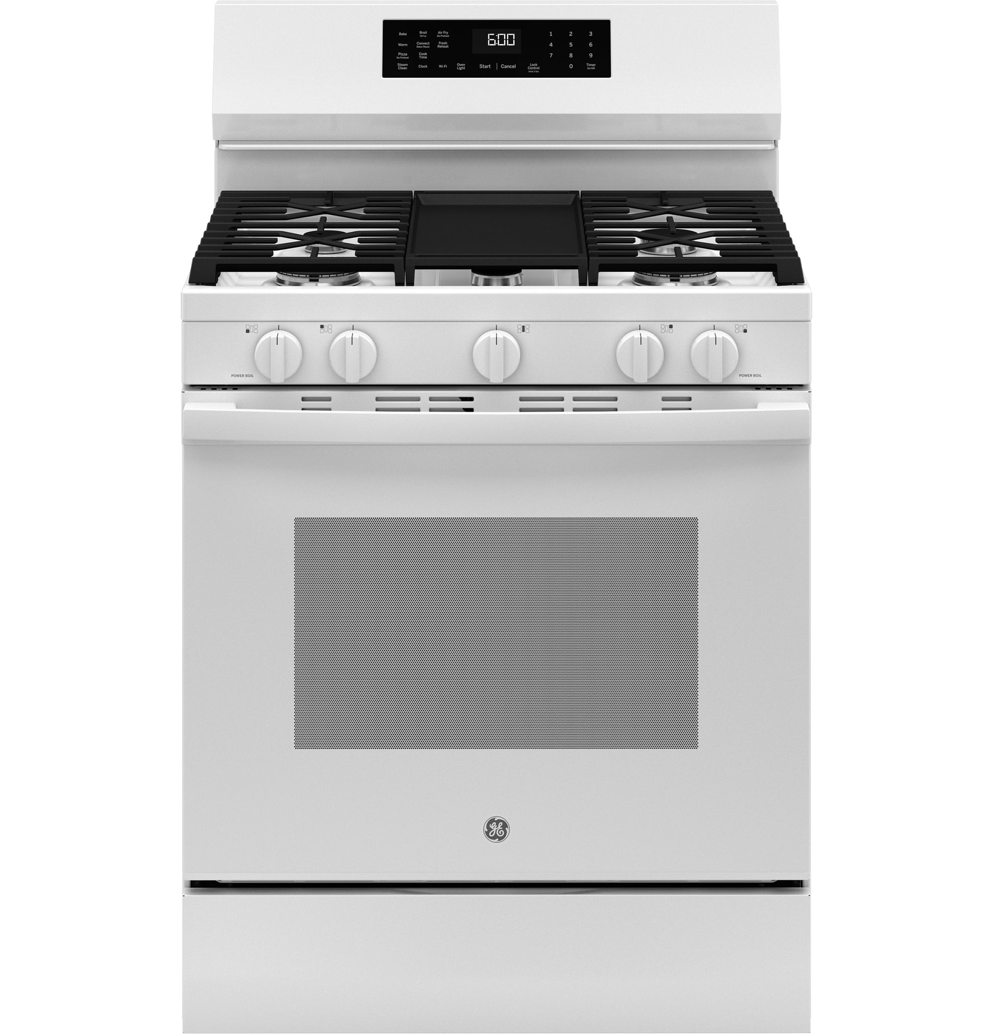 Free-standing white gas convection range with digital control panel and four burner cooktop in kitchen appliances collection