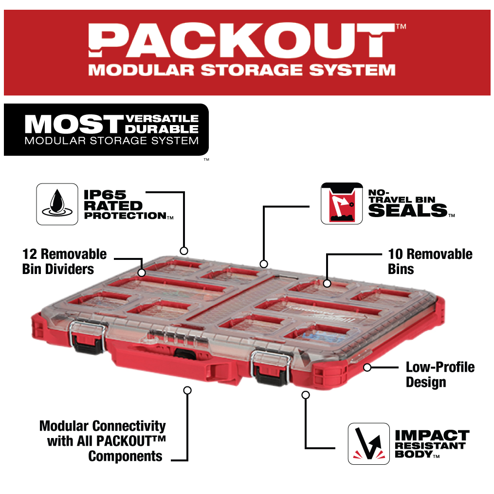 Red Milwaukee PACKOUT™ low-profile organizer with removable bins and dividers, impact-resistant body, and IP65 protection for tool storage
