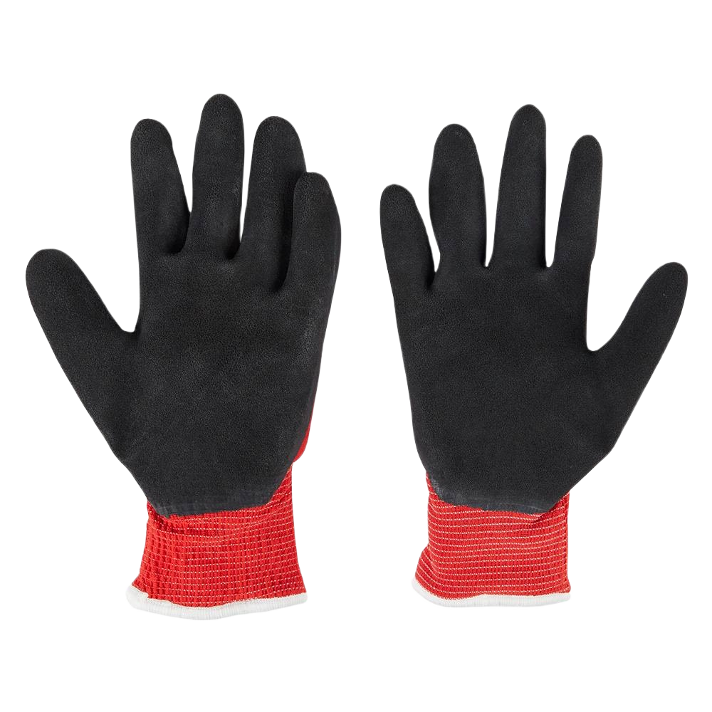 Pair of insulated black and red work gloves with large cut level 1 protection for safety and hardware tasks