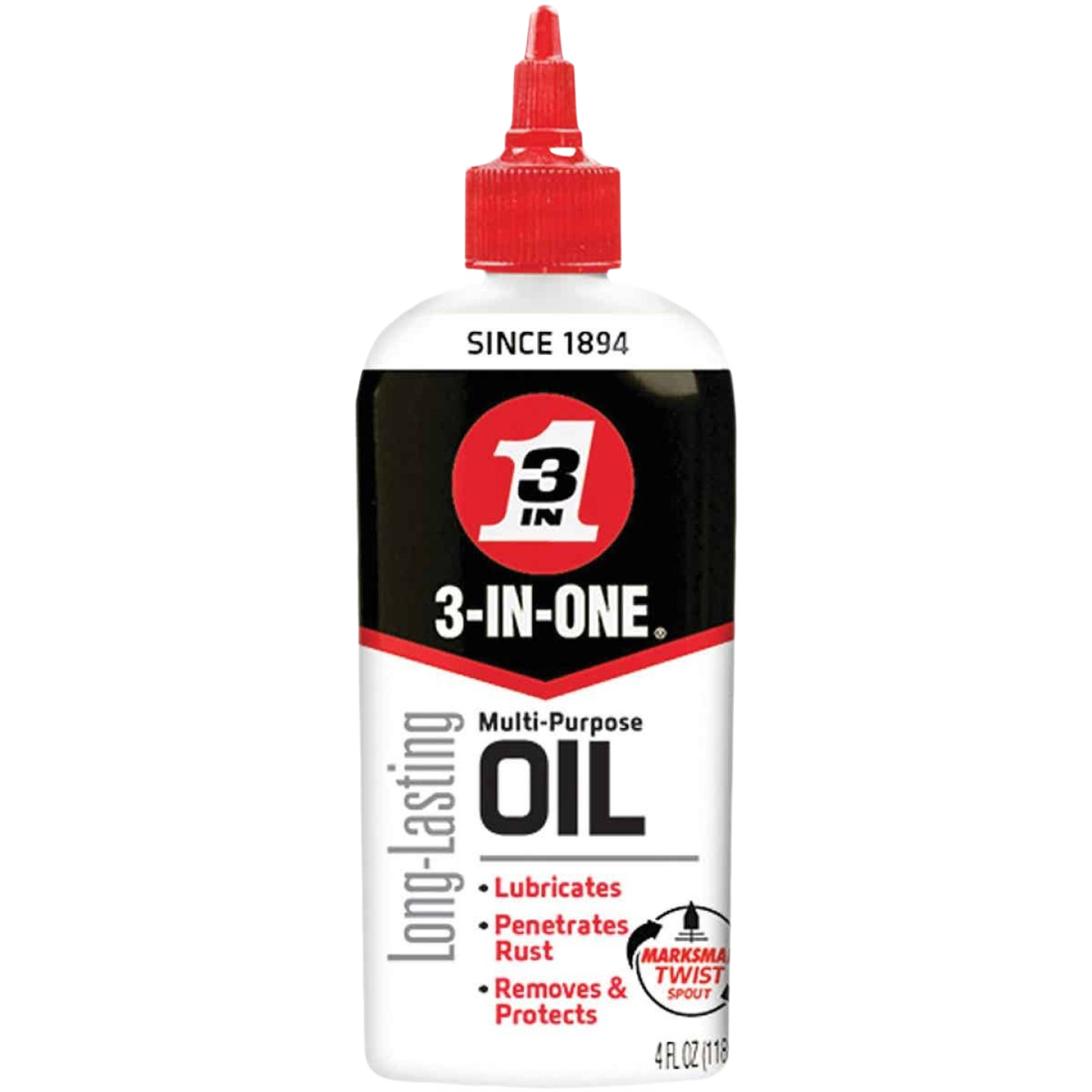 4 oz. 3-IN-ONE Multi-Purpose Oil bottle with marksman twist spout for precise lubrication in automotive and home tools.