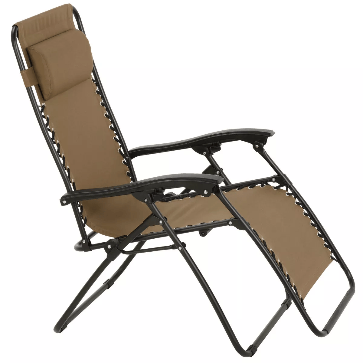 Tan convertible zero gravity lounge chair with padded headrest, sturdy metal frame, and durable fabric for patio furniture and outdoor living spaces.