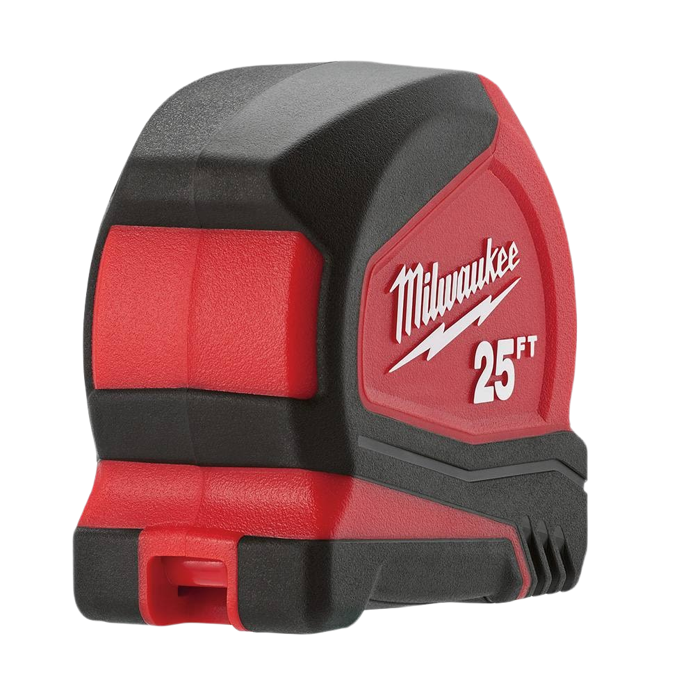 Red and black compact 25-foot tape measure with durable casing for precision in tools and home improvement tasks
