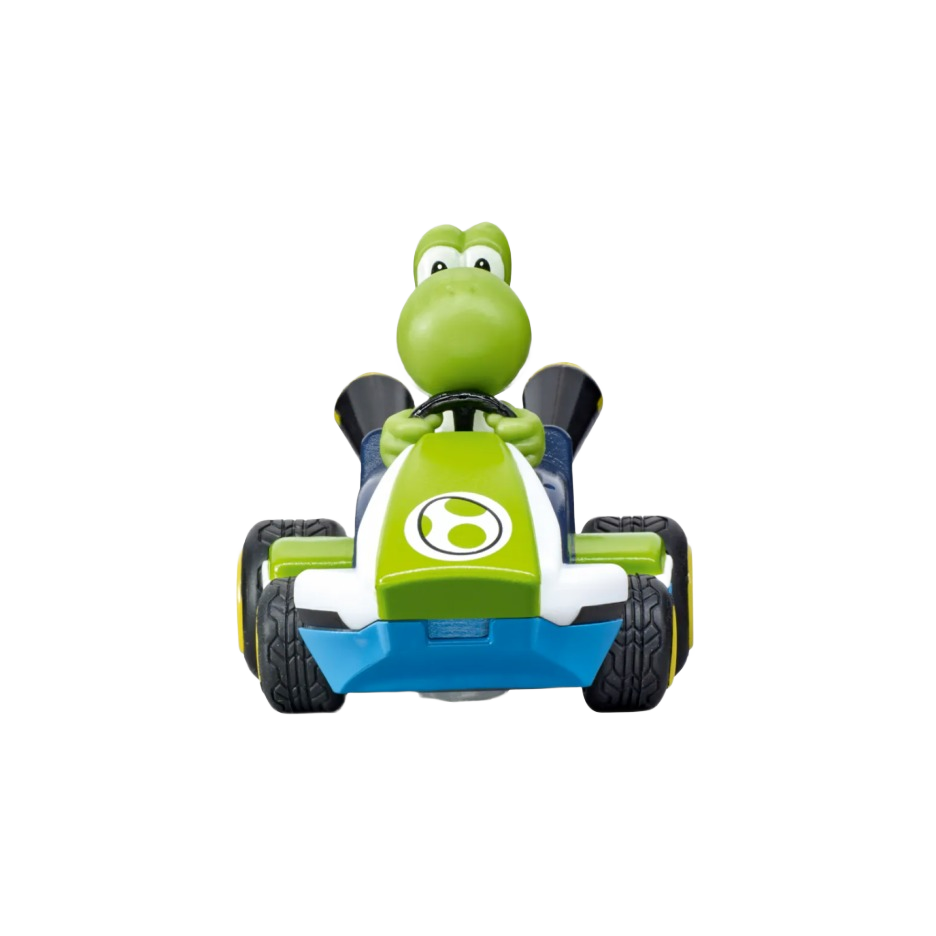 Green Yoshi character seated in a colorful mini remote control race car with detailed black tires and blue accents