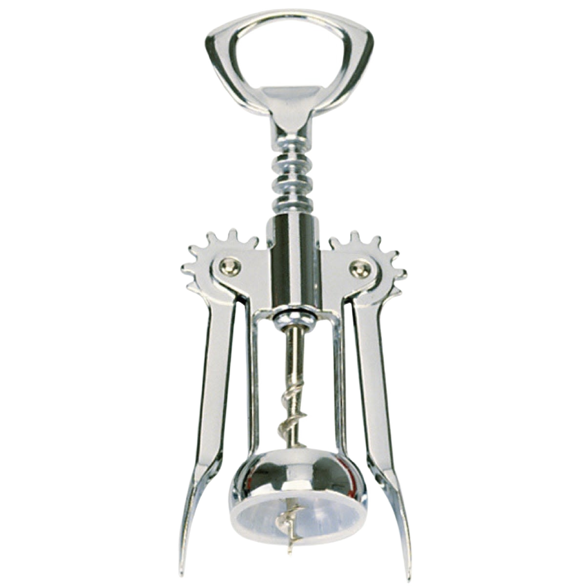 Chrome-plated wing corkscrew bottle opener with dual levers, designed for efficient use in kitchen gadget collections.