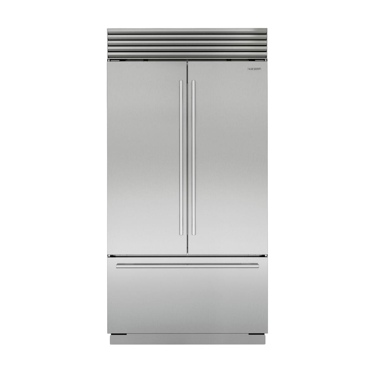 Stainless steel French door refrigerator with tubular handles and bottom freezer in kitchen appliances collection