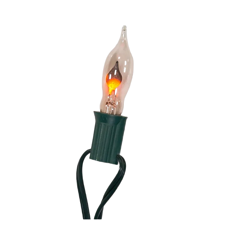 Single clear flame-shaped bulb with flickering orange flame effect on green base for Christmas lights decor
