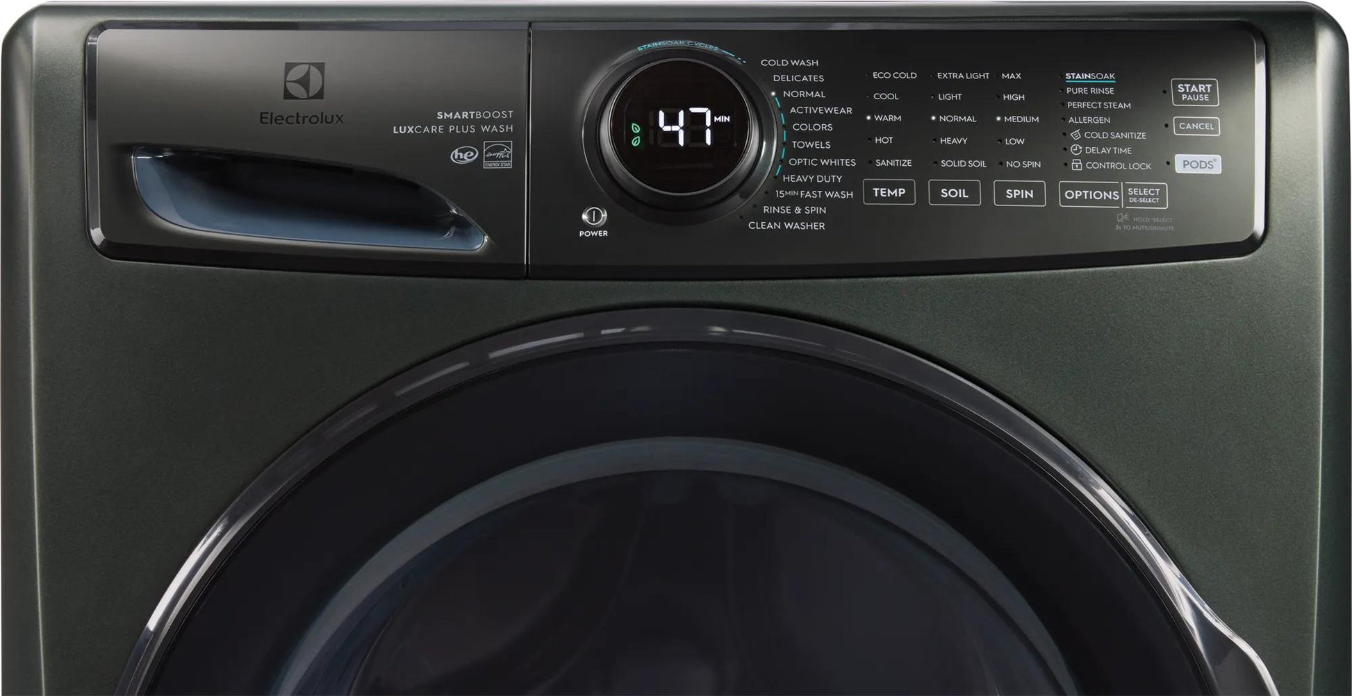 Dark gray front load washer with digital display and multiple cycle options for advanced home laundry use