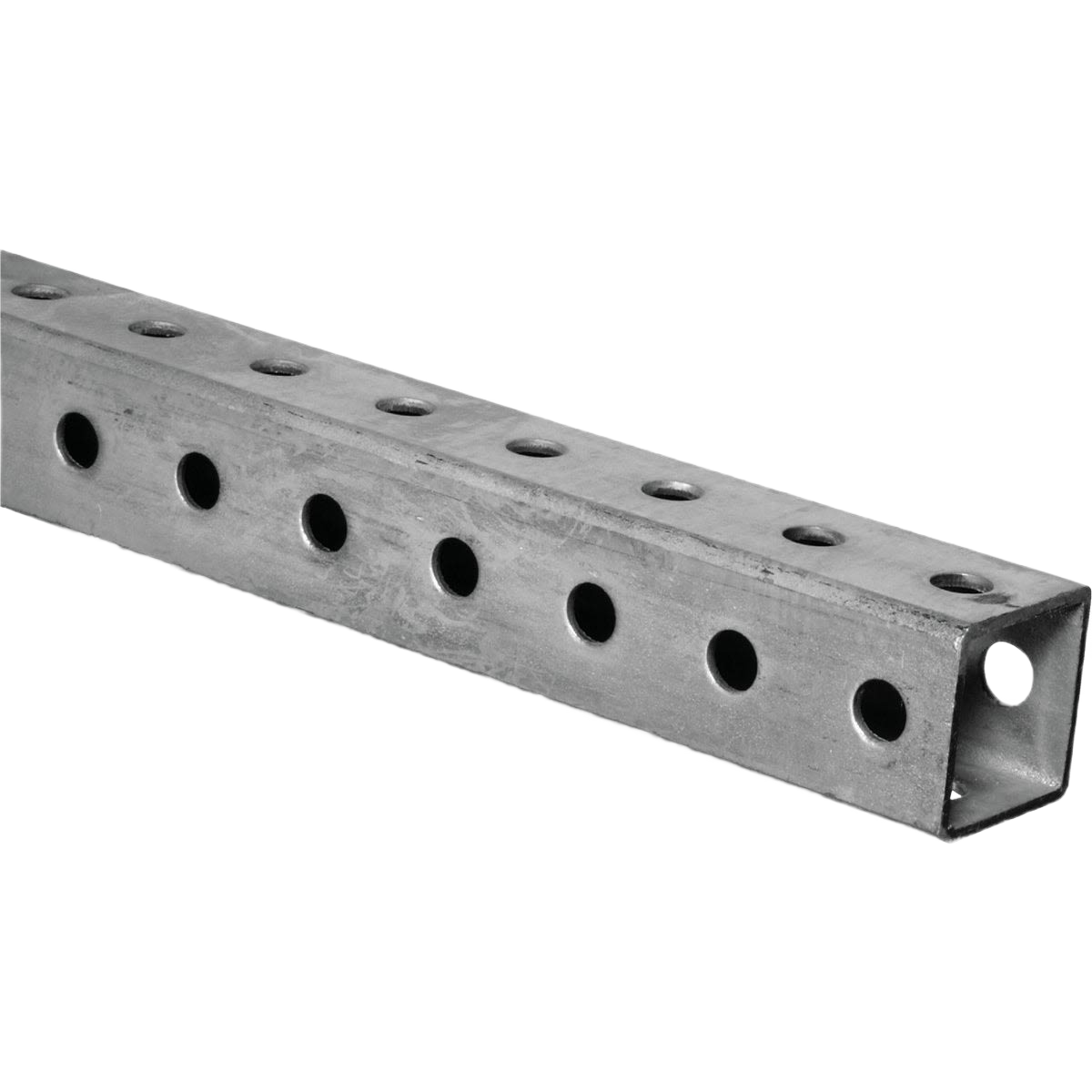 Zinc-plated steel slotted square tubing with evenly spaced holes, for hardware and home improvement projects under $100