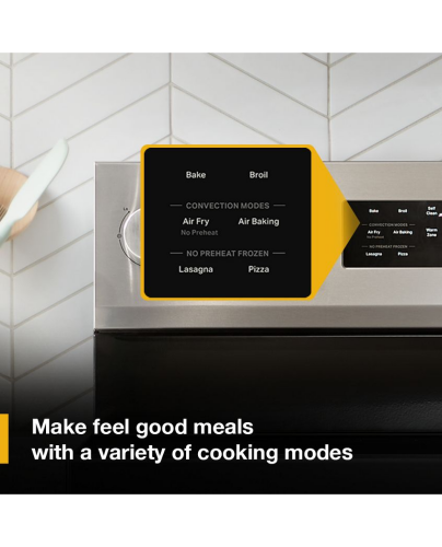 Close-up of electric range control panel displaying convection and no preheat frozen cooking modes in kitchen appliances collection