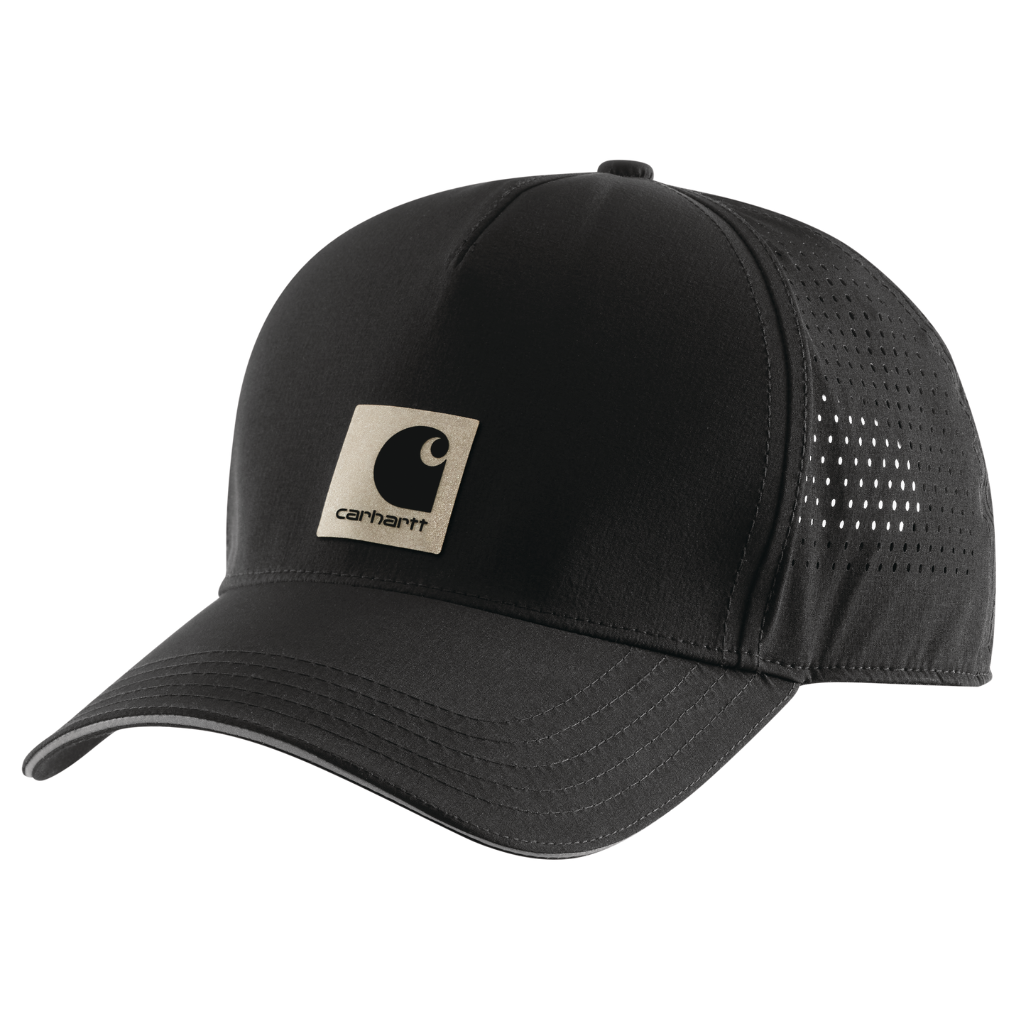 Black low-profile structured cap made from durable nylon-elastane blend with perforated mesh back panels and reflective logo patch for men’s accessories.