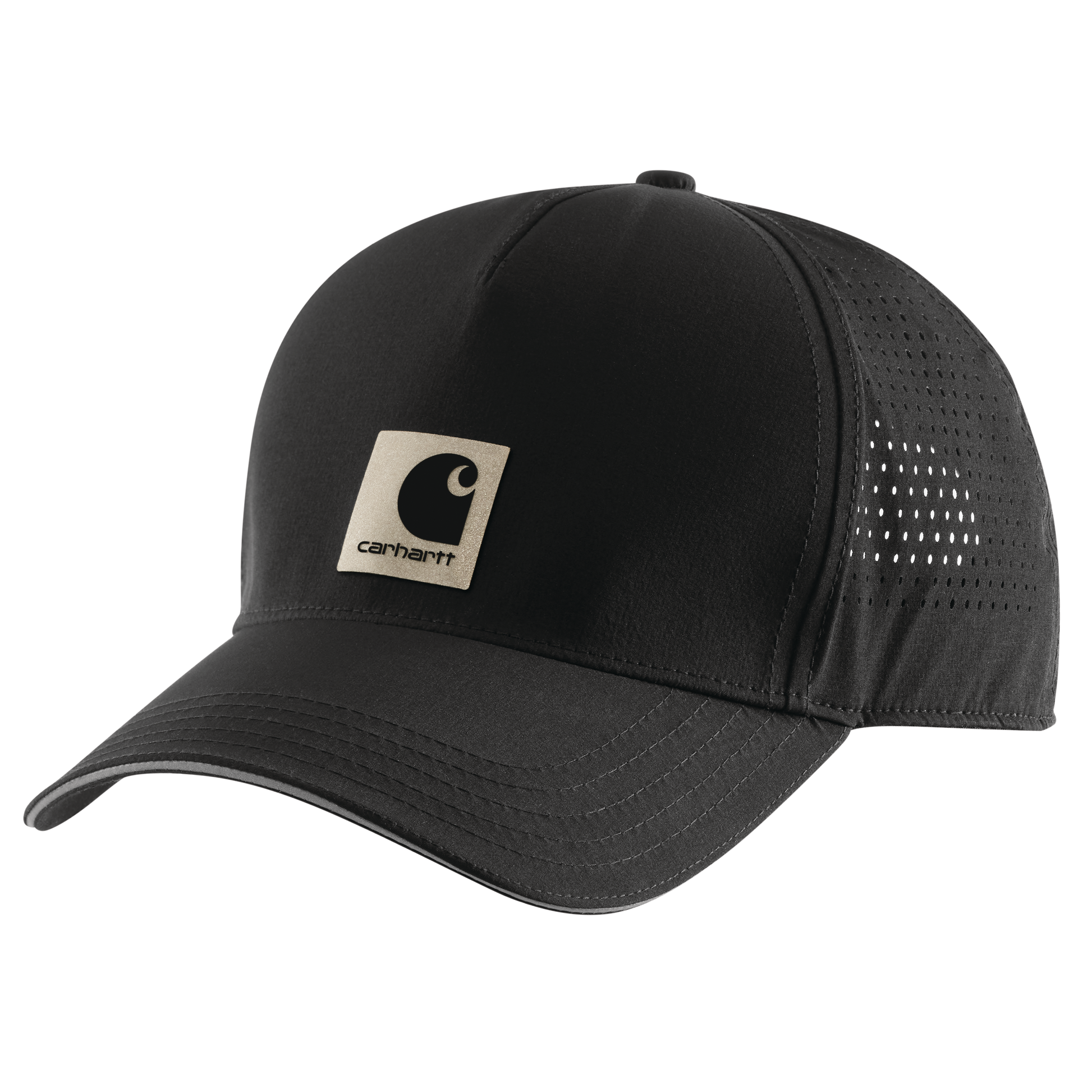 Black low-profile structured cap made from durable nylon-elastane blend with perforated mesh back panels and reflective logo patch for men’s accessories.
