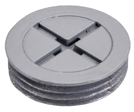 Gray weatherproof closure plug for sealing unused 1/2 inch conduit hubs in electrical boxes and fittings