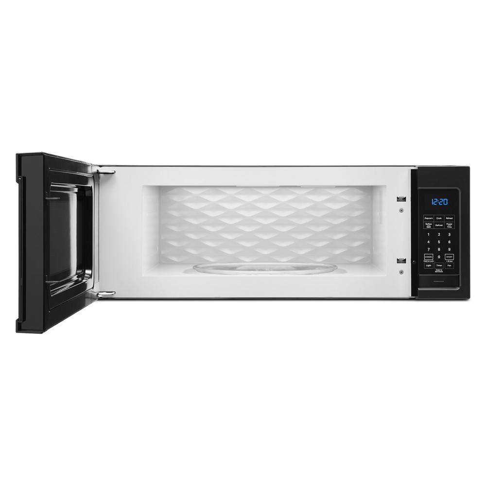 Black low-profile microwave with digital control panel and textured white interior from Microwaves and Kitchen & Kitchenware collections
