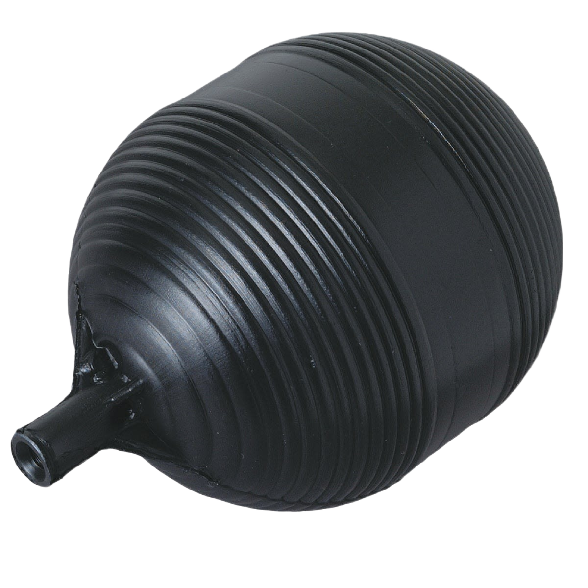 Black plastic tank float ball with ribbed surface designed for tools and home improvement use