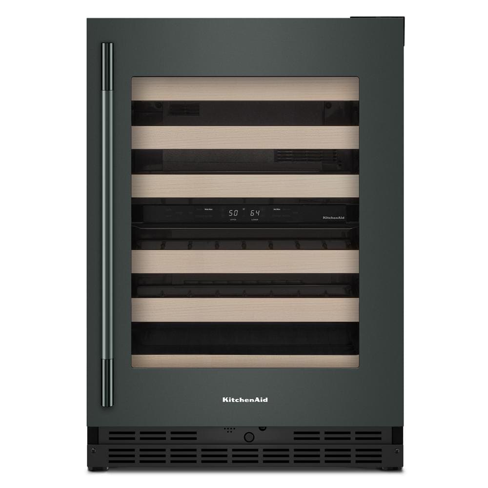 Black undercounter wine cellar with full-extension wood racks and digital temperature display from KitchenAid Appliances collection