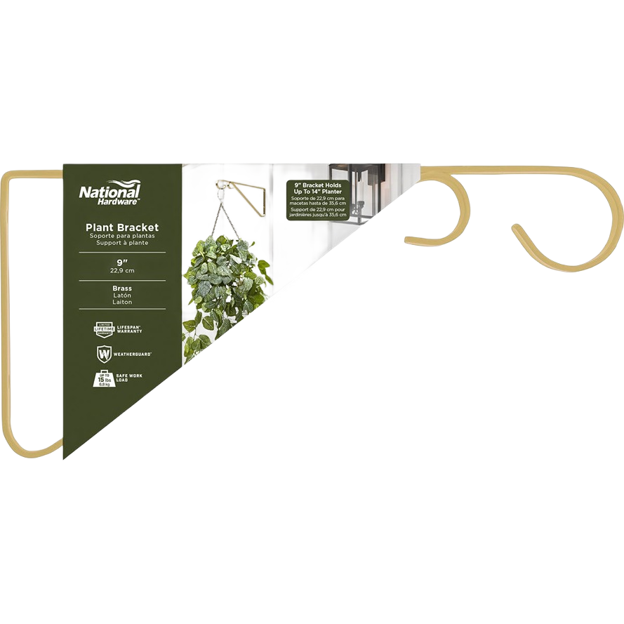 9-inch brass hanging bracket designed for plants, bird feeders, and decorative outdoor or indoor use in shelving accessories collections