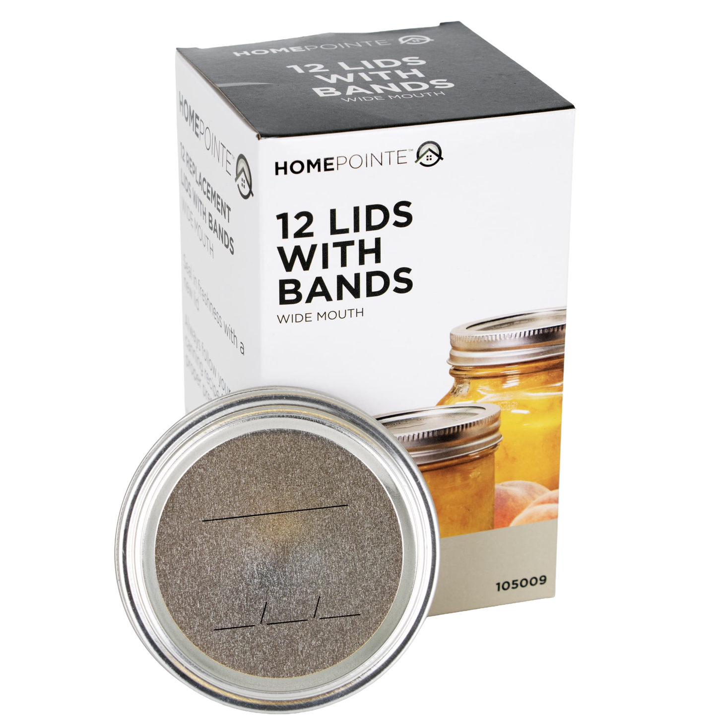 Box of 12 wide-mouth metal lids with bands shown next to jars of preserved fruit in kitchenware under $50 collection