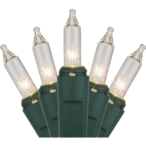 Close-up of five clear mini string lights with green wire for decorative and home improvement use