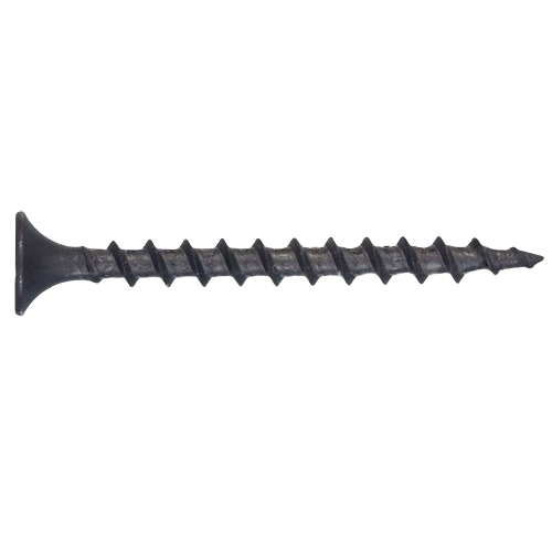 Black coarse thread drywall screw with flat head, suitable for fastening in lumber and building materials projects under fifty dollars