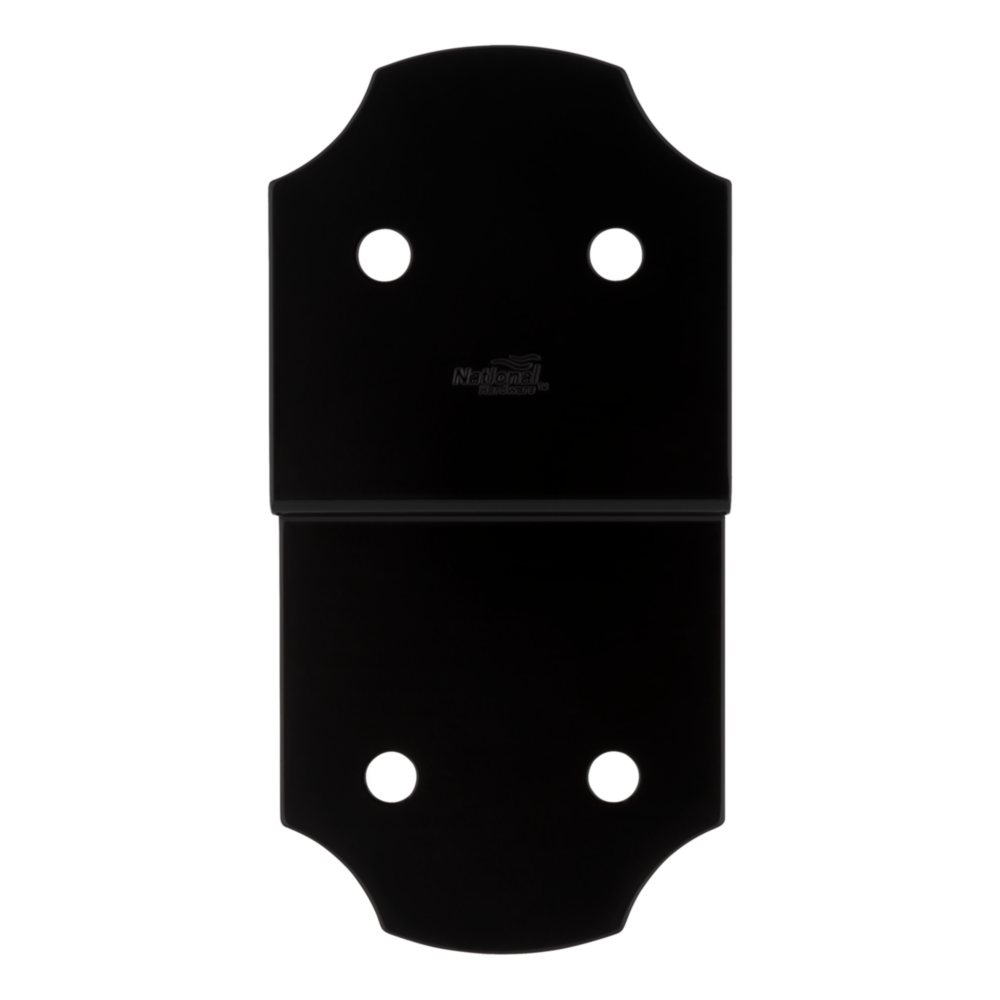Black joist tie with decorative shaped edges and pre-drilled holes for easy installation in hardware and home improvement projects