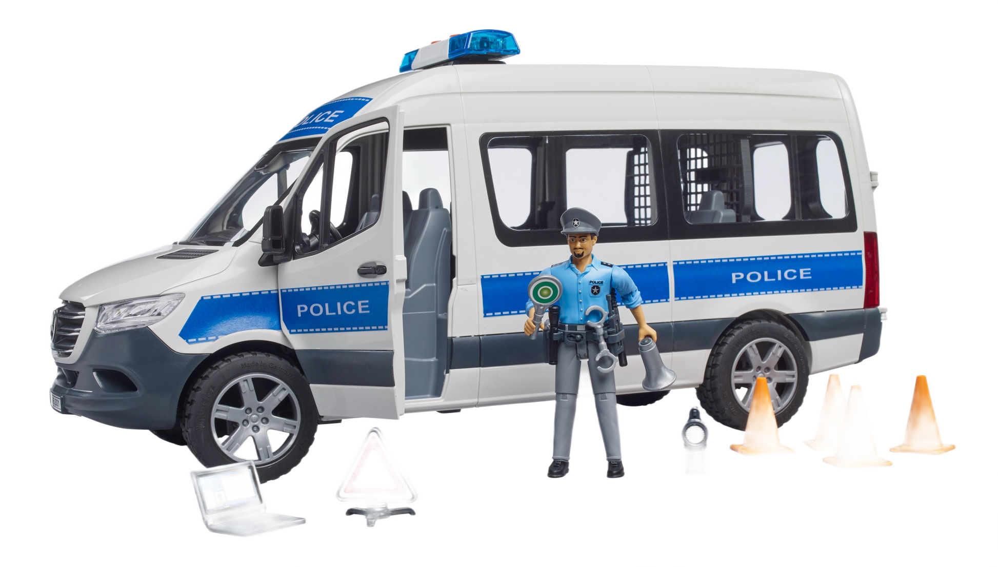White and blue police emergency van toy with officer figure, cones, traffic sign, megaphone, and laptop accessories