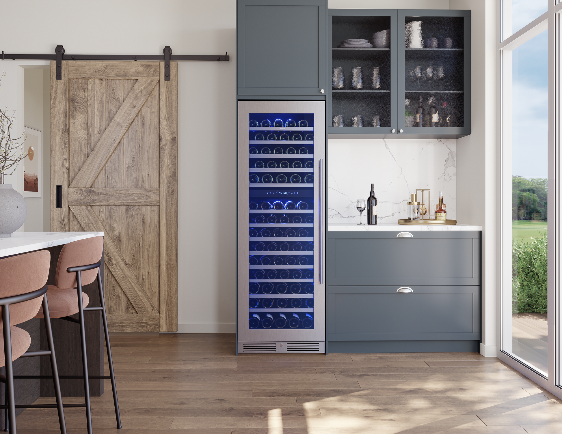 Tall dual-zone stainless steel wine cooler with glass door in a modern kitchen from Refrigerators and Kitchen & Kitchenware collections