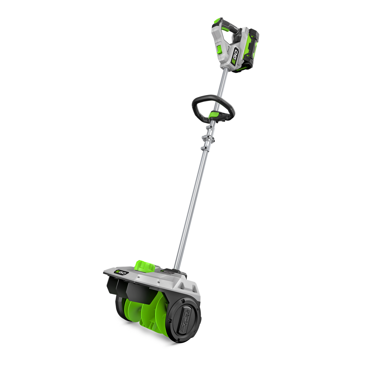 Cordless snow shovel with green and gray design, ergonomic handle, includes battery and charger for home improvement tasks