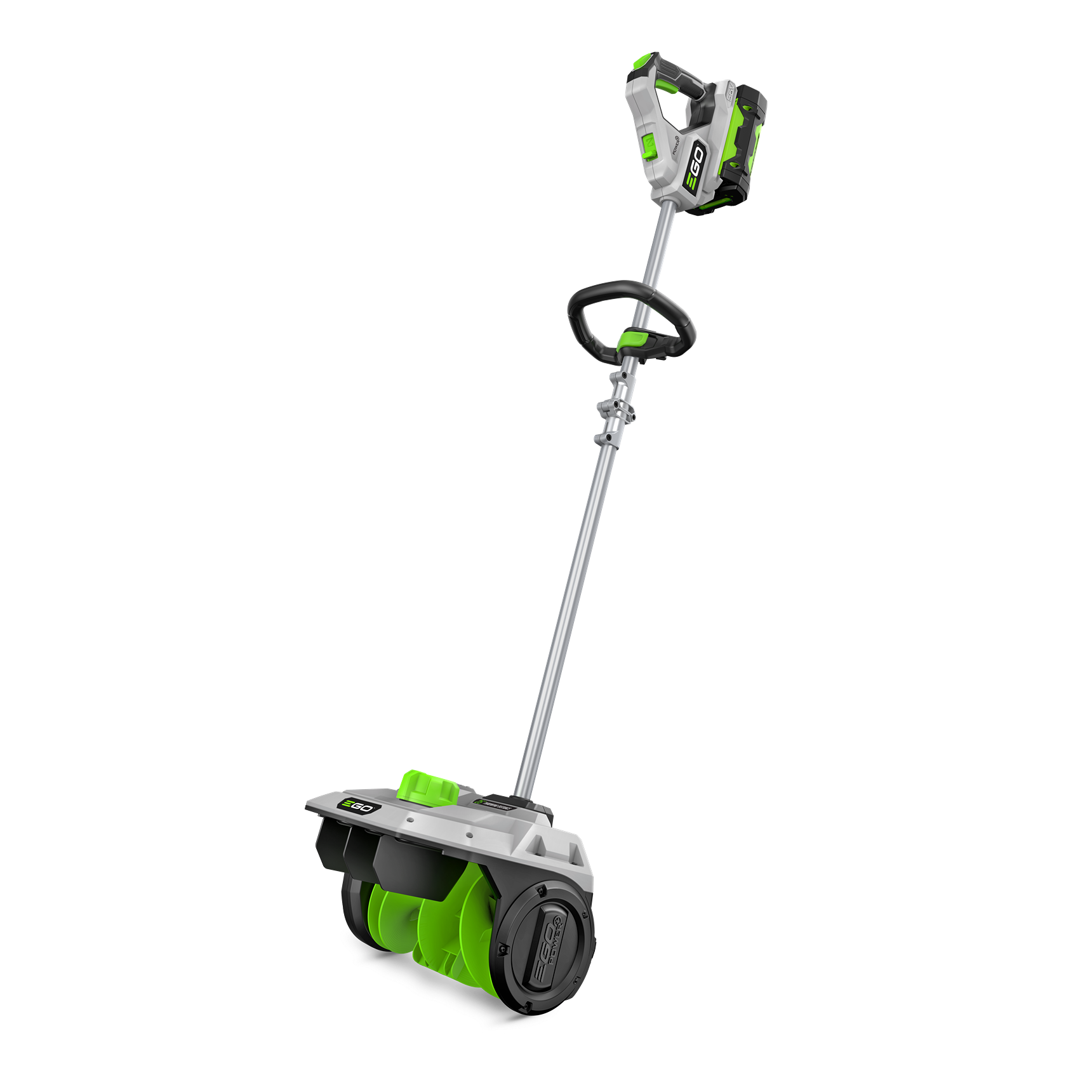 Cordless snow shovel with green and gray design, ergonomic handle, includes battery and charger for home improvement tasks