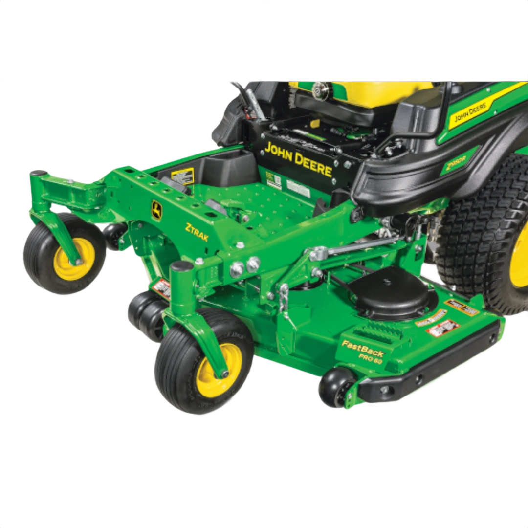 Green and yellow zero-turn mower deck with front caster wheels and durable steel frame for efficient lawn cutting tasks