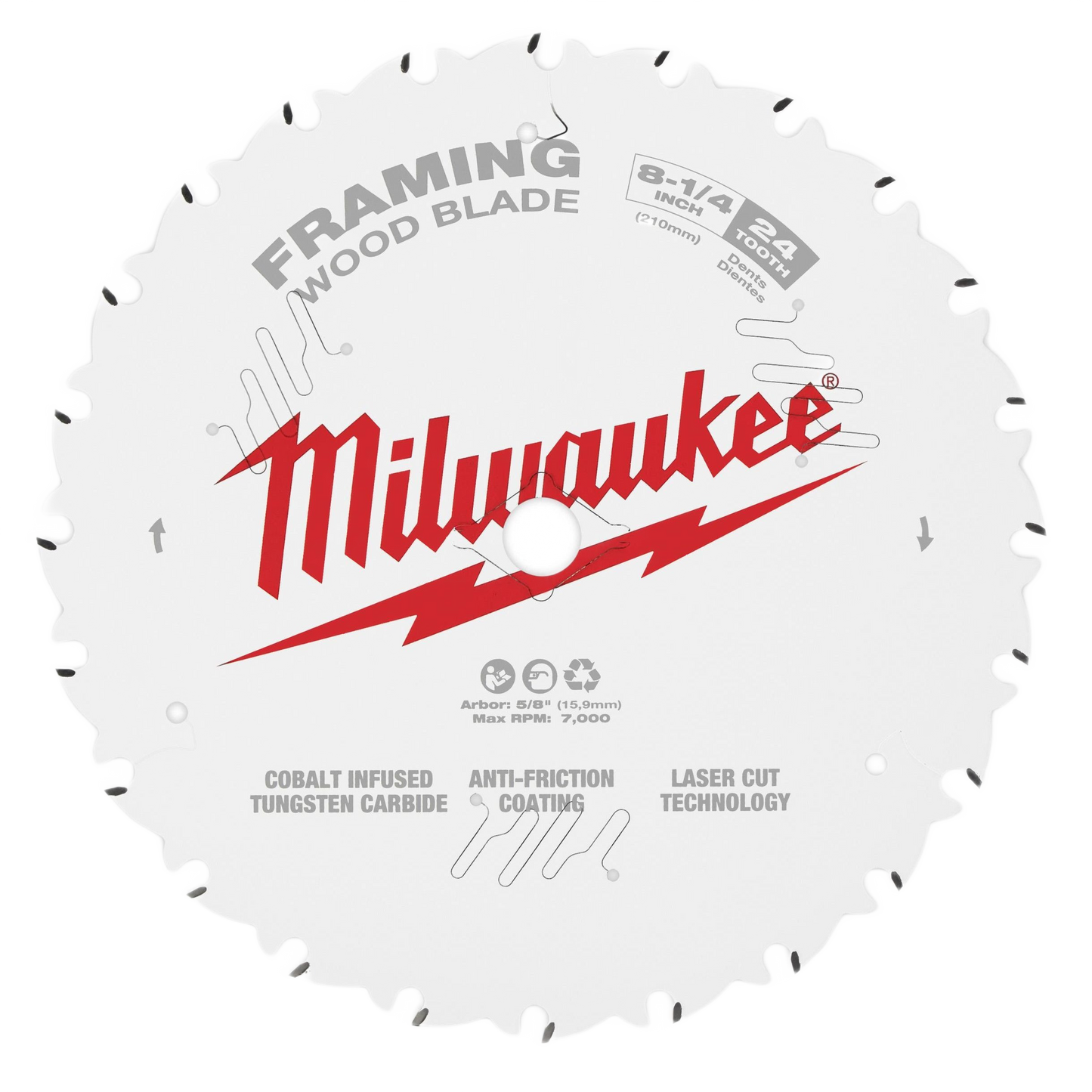 Milwaukee circular saw blade for woodworking with 24 teeth, anti-friction coating, and tungsten carbide tips