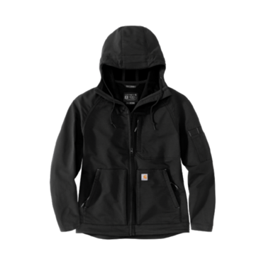 Black relaxed fit hooded jacket with front pockets and zipper, designed for durable outdoor wear and comfort