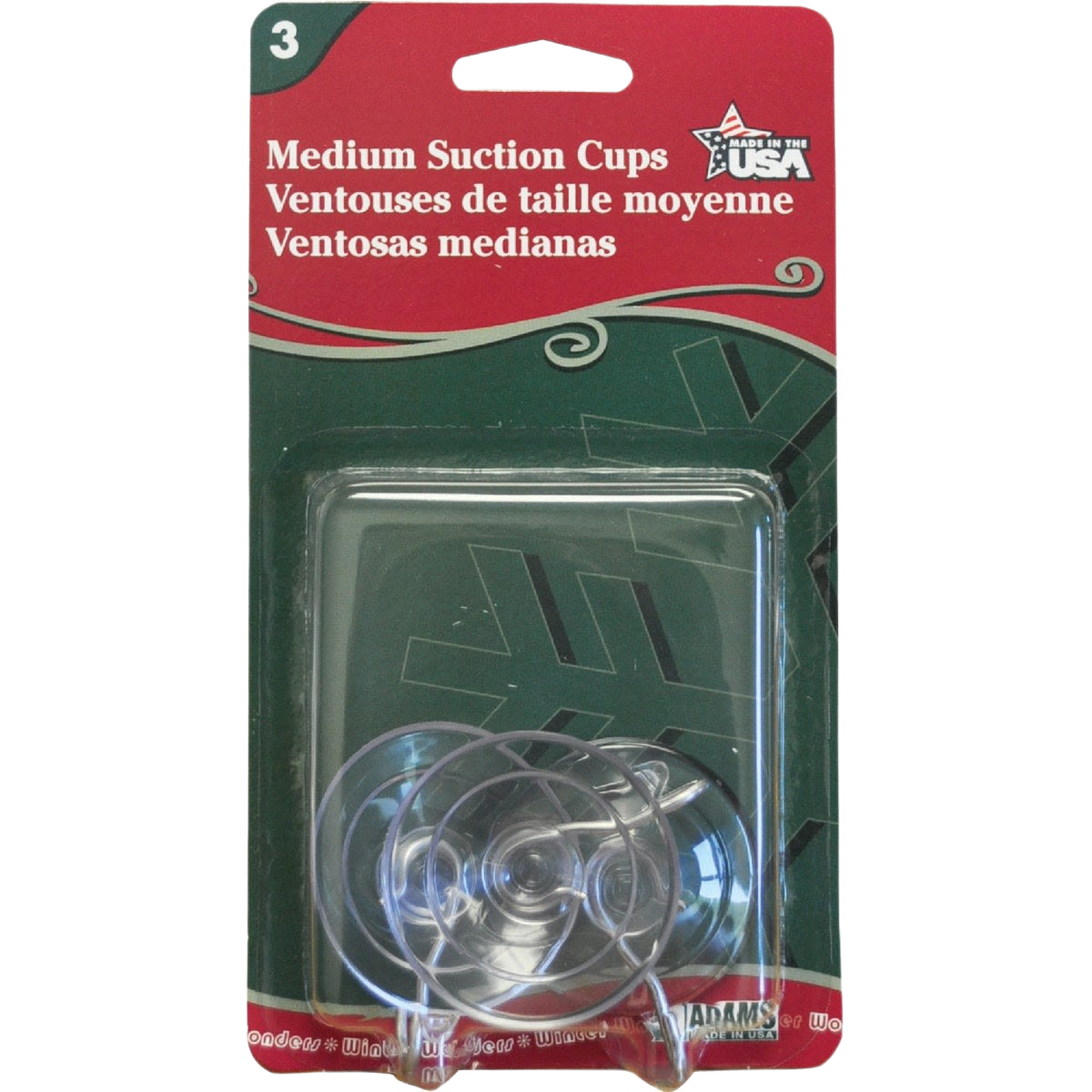 Pack of three medium clear suction cups with metal hooks for hanging decorations in Christmas and home improvement collections