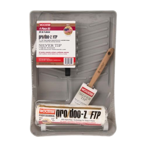 Paint roller kit with 3/8 inch nap and silver tip brush in gray tray for home improvement and painting projects