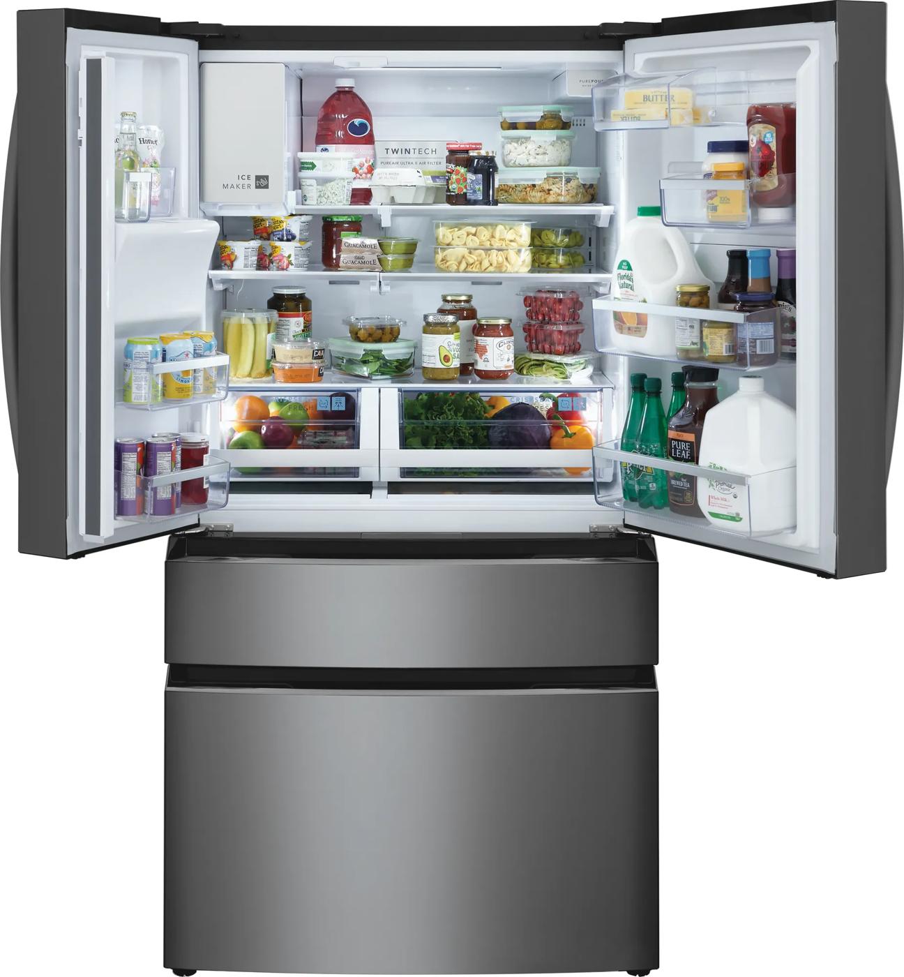Counter-depth 4-door French door refrigerator in stainless steel, fully stocked with fresh food and beverages in kitchen appliance setting