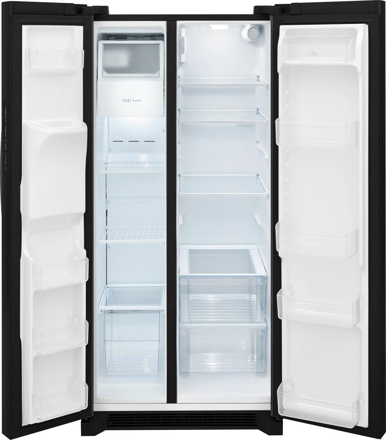 Black standard depth side-by-side refrigerator with interior shelves and door storage compartments in appliances collection