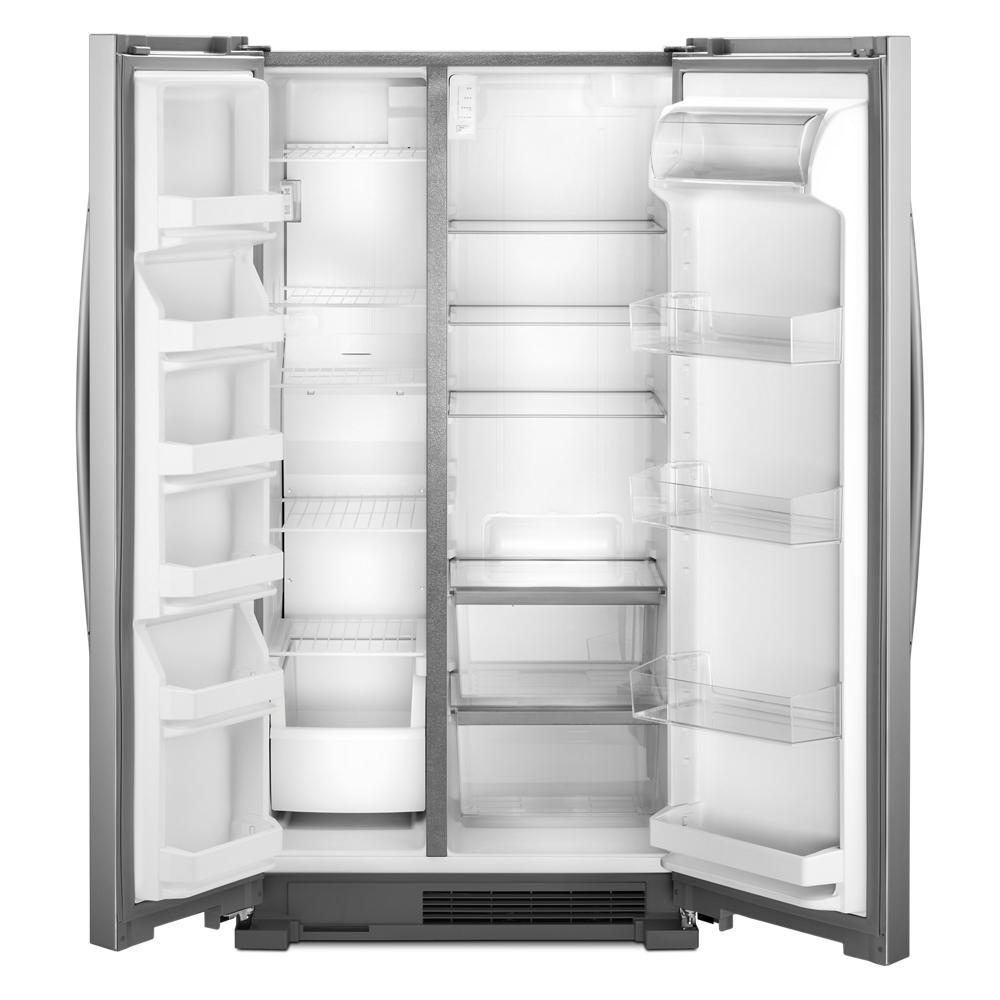 Open side-by-side stainless steel refrigerator with adjustable shelving and gallon door bins in kitchen appliances collection