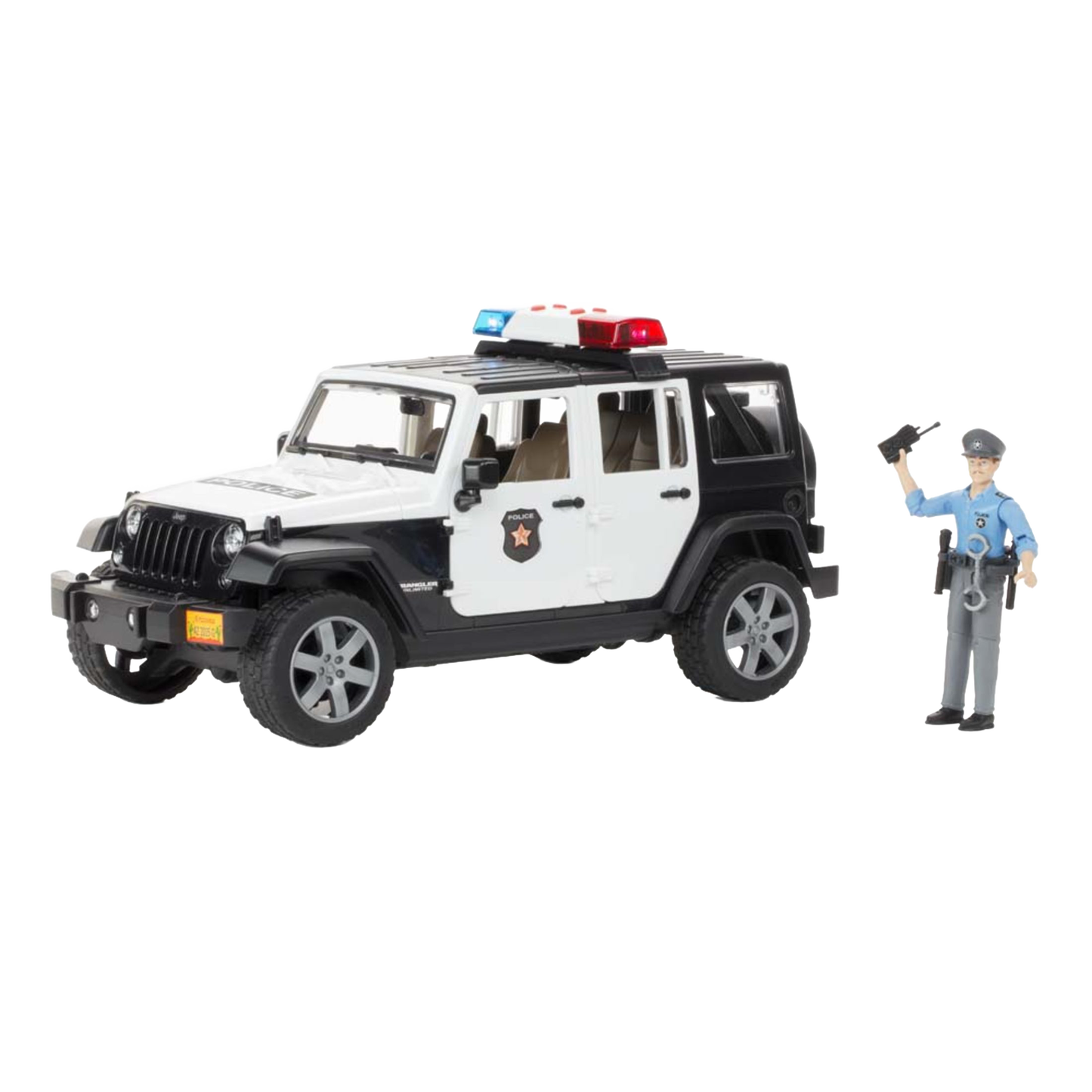 Black and white toy police jeep with flashing lights and accompanying policeman figure from Vehicles & Remote Controlled Toys collection