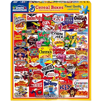 Colorful 1000-piece jigsaw puzzle featuring vintage and classic cereal box artwork for toys and puzzles collections