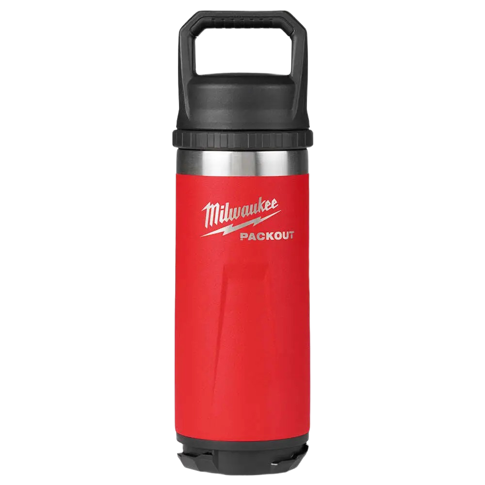 Red insulated bottle with chug lid and handle, part of Milwaukee PACKOUT™ collection for tool accessories under $50