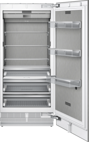 Built-in refrigerator column with panel-ready door open to reveal stainless steel interior from Thermador Appliances collection