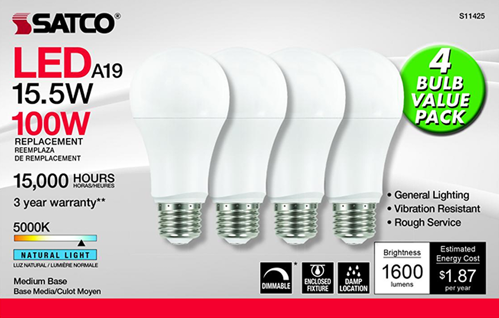 Pack of four medium base LED bulbs offering natural white light with energy-efficient 15.5W power and long lifespan for home improvement.