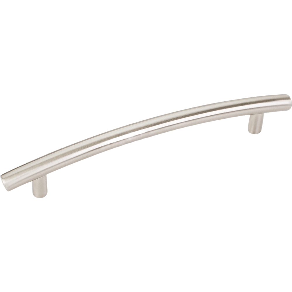 Satin nickel curved cabinet pull with 6-9/16 inch spacing for furniture hardware and home improvement projects