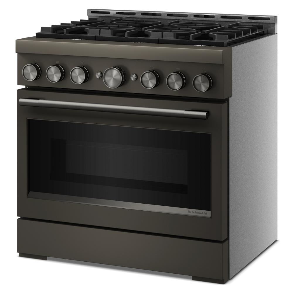 36-inch commercial-style gas range with six stainless steel control knobs and large oven window from Ranges collection