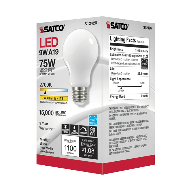 White LED light bulb box showing energy, brightness, lifespan, and warranty details for home lighting and electrical use